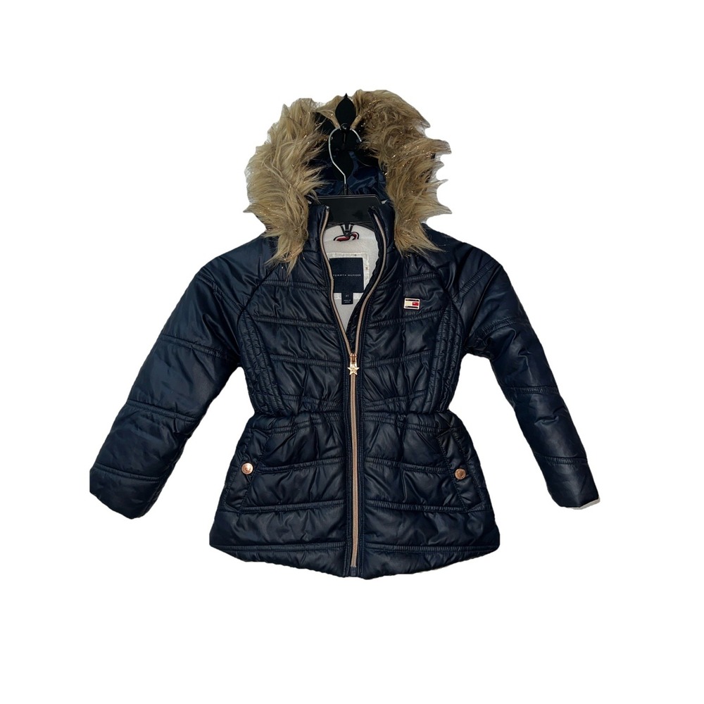 Tommy Hilfiger Girls' Size 4T Puffer Polyester Jacket Black Fur Hooded‎ Quilted